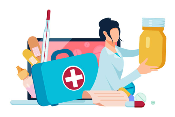 Illustration of a female pharmacist coming out of a computer screen holdinga bottle of medication